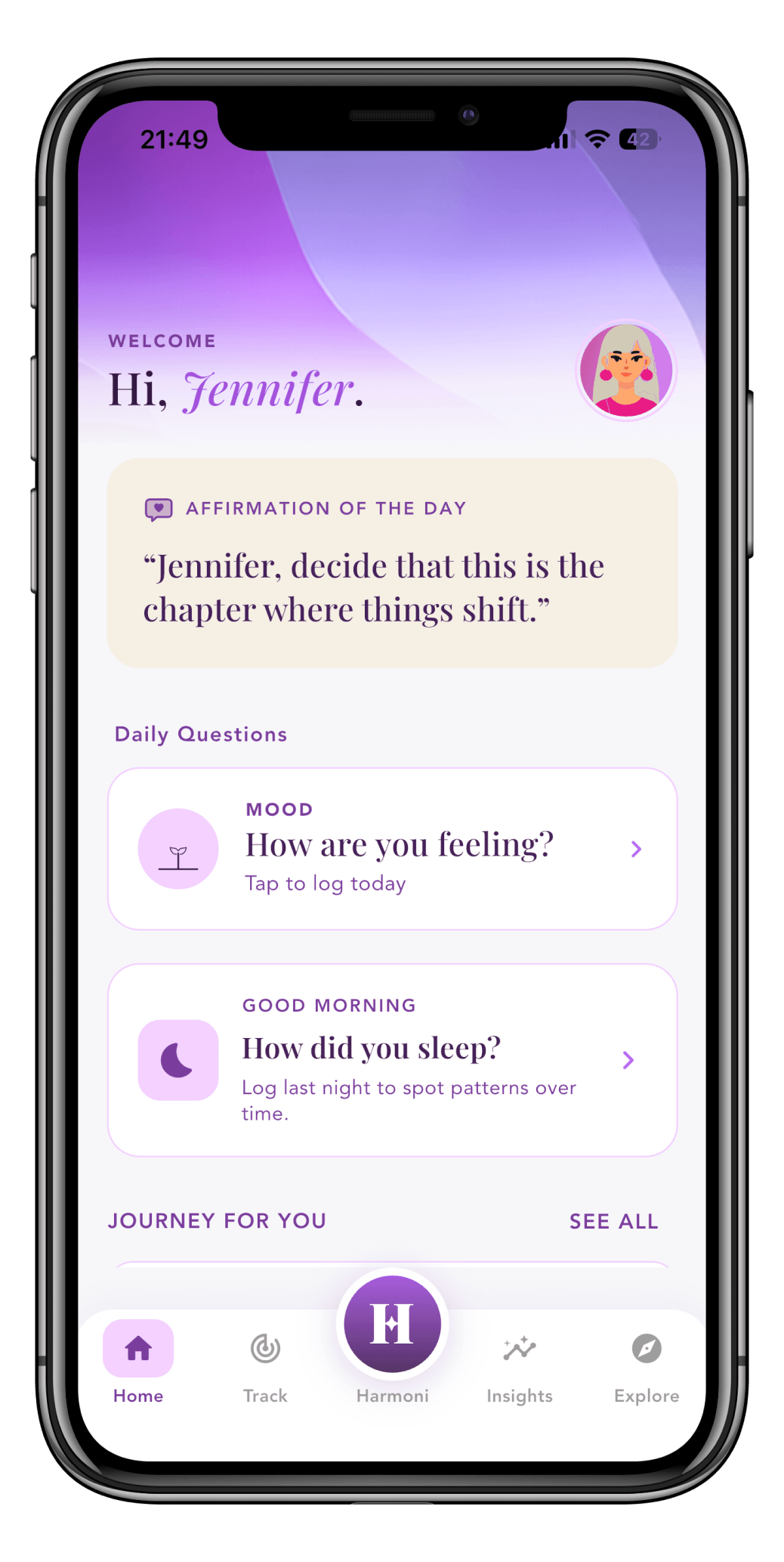 Harmoni by thePause® app home screen on a phone with insight cards