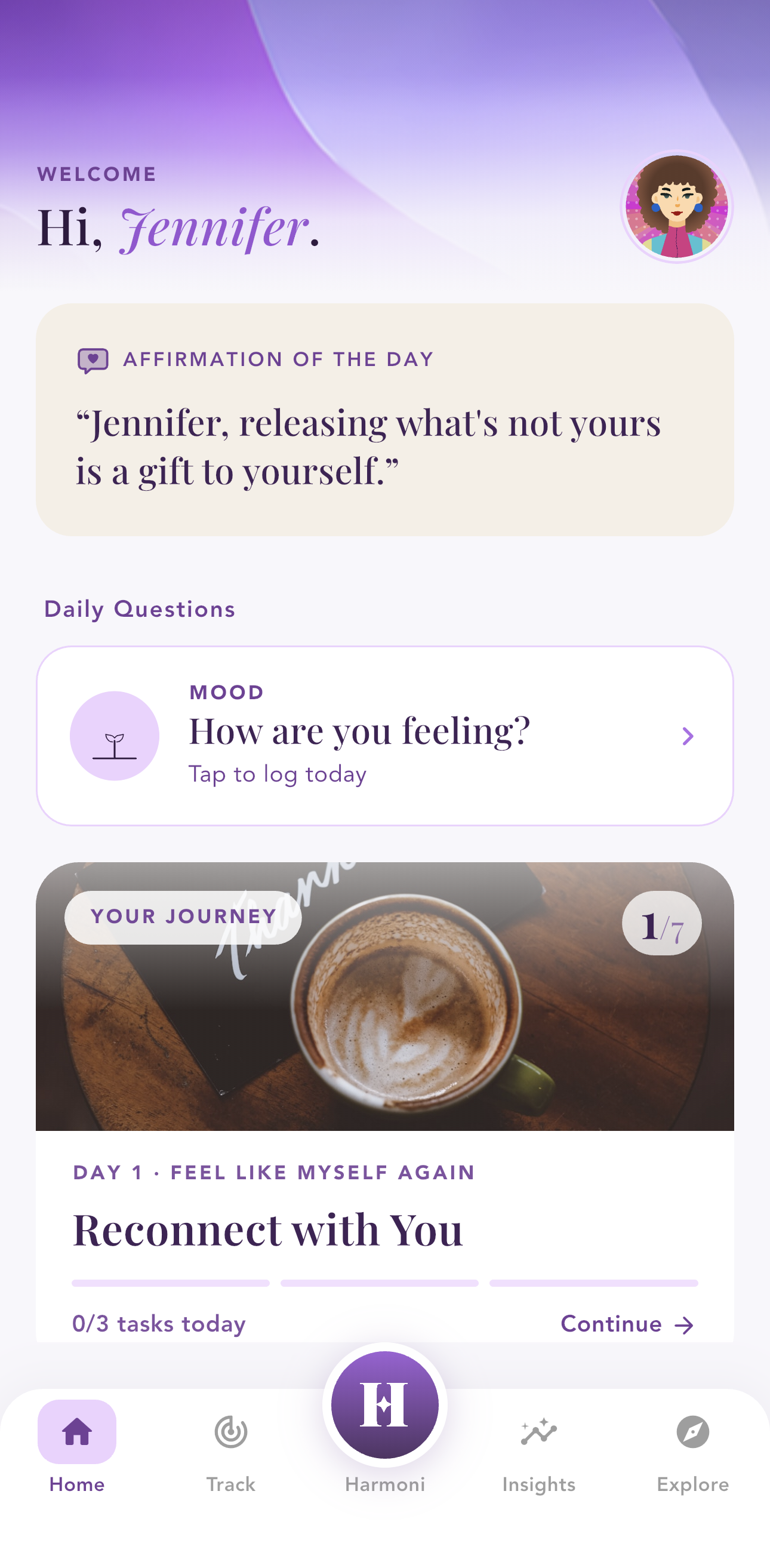 Harmoni home screen with affirmation of the day and journey card