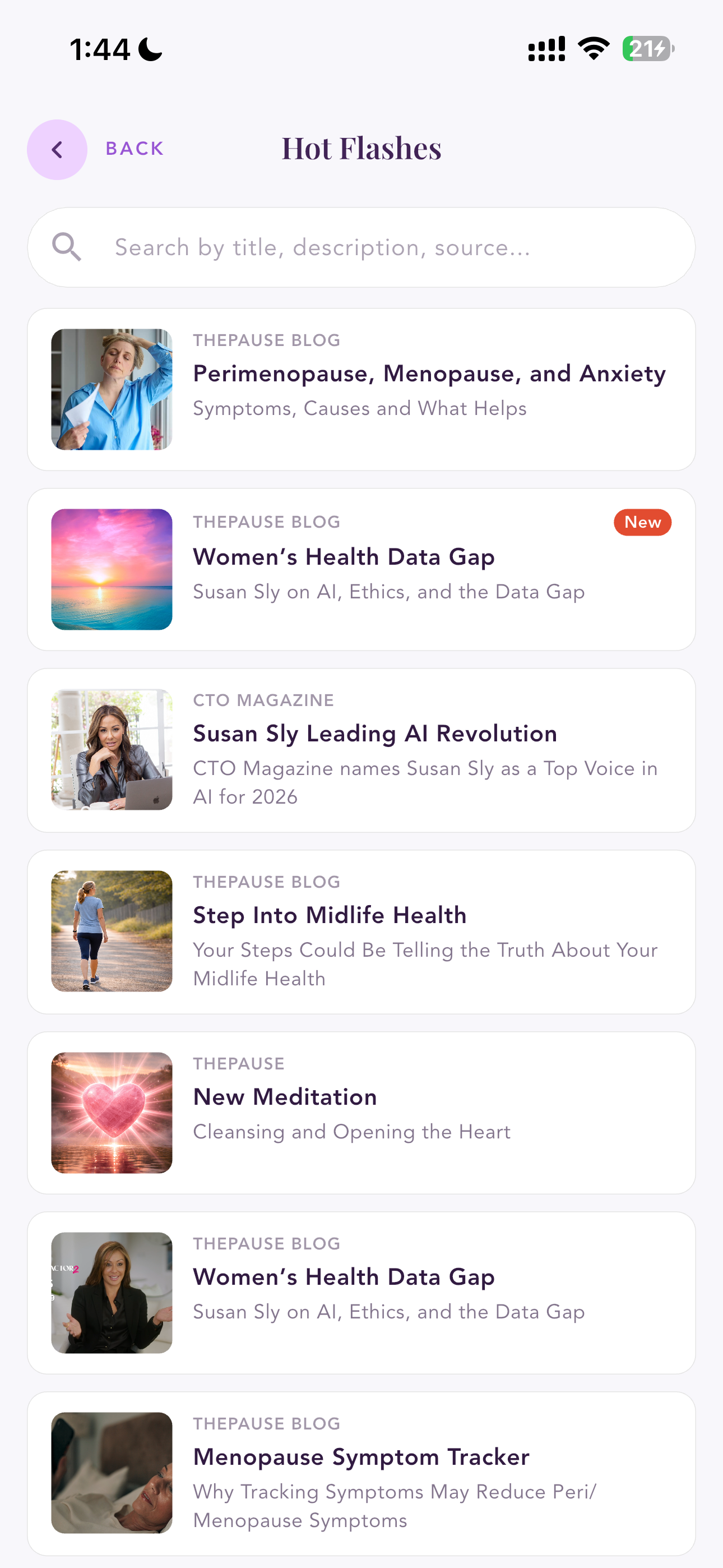 Hot Flashes news feed inside Harmoni