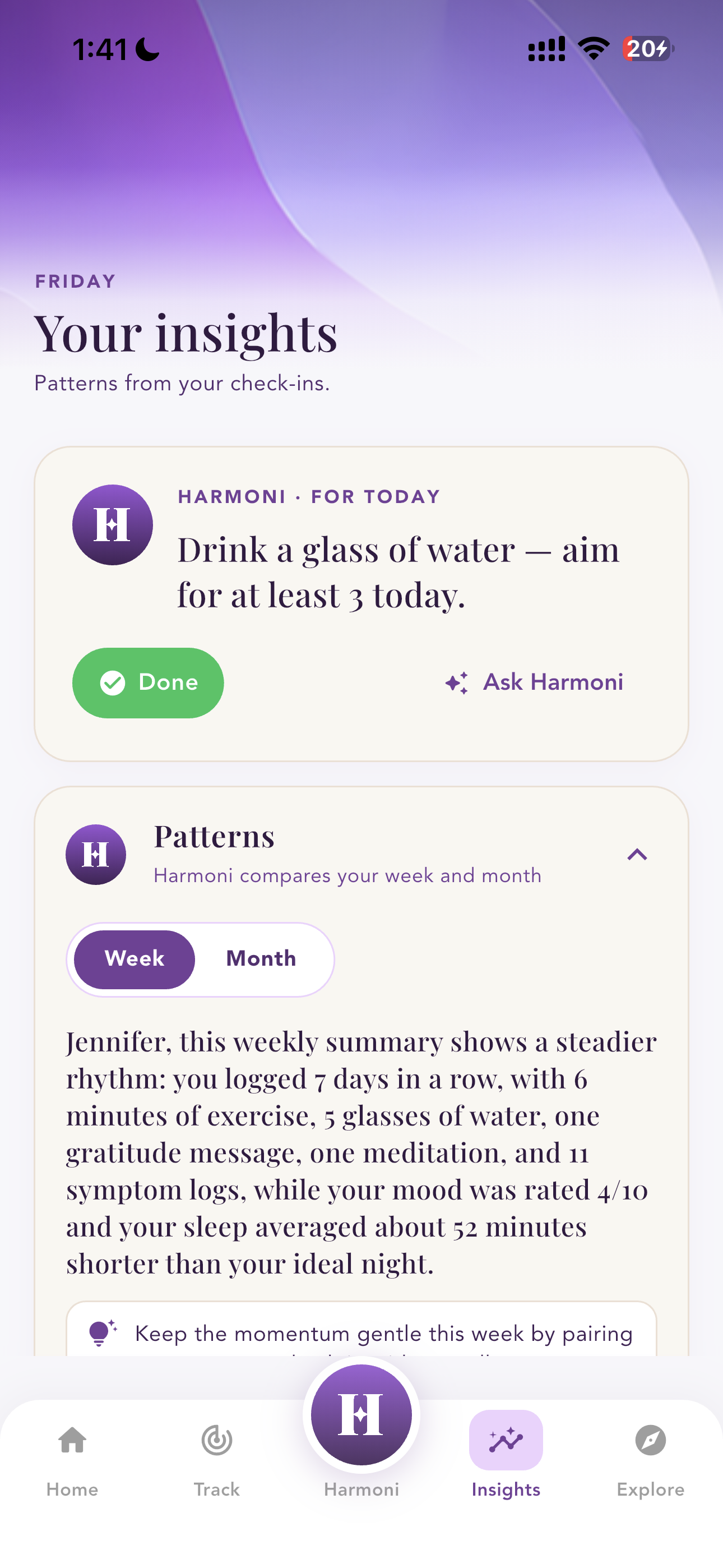 Your insights screen with Harmoni patterns