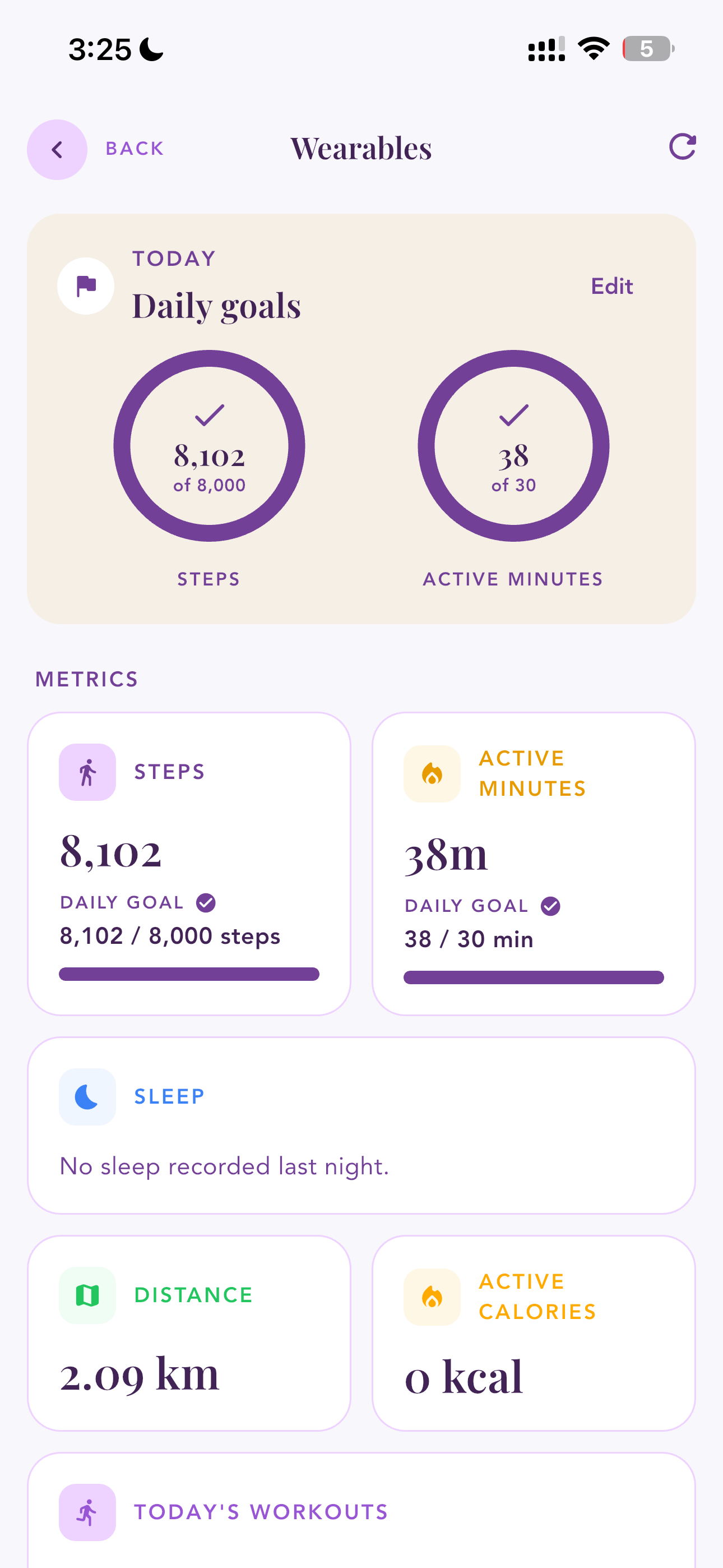 Daily steps and active minutes synced from wearable