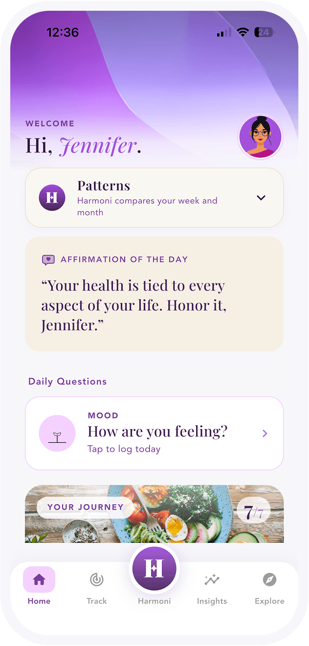 thePause® app home screen — affirmation, mood check-in, journey and daily goals