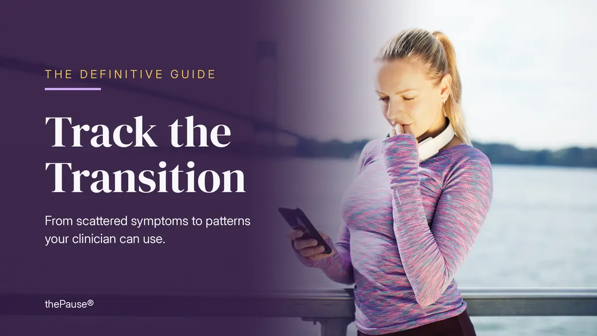 Woman checking her perimenopause symptom tracking app on her phone — thePause definitive guide to tracking the menopause transition