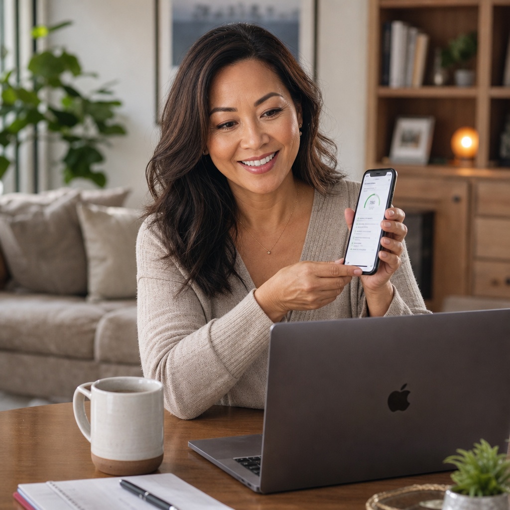 Woman in her 40s at home holding up her phone to her laptop during a telehealth perimenopause appointment, the way Harmoni can answer a clinician by voice